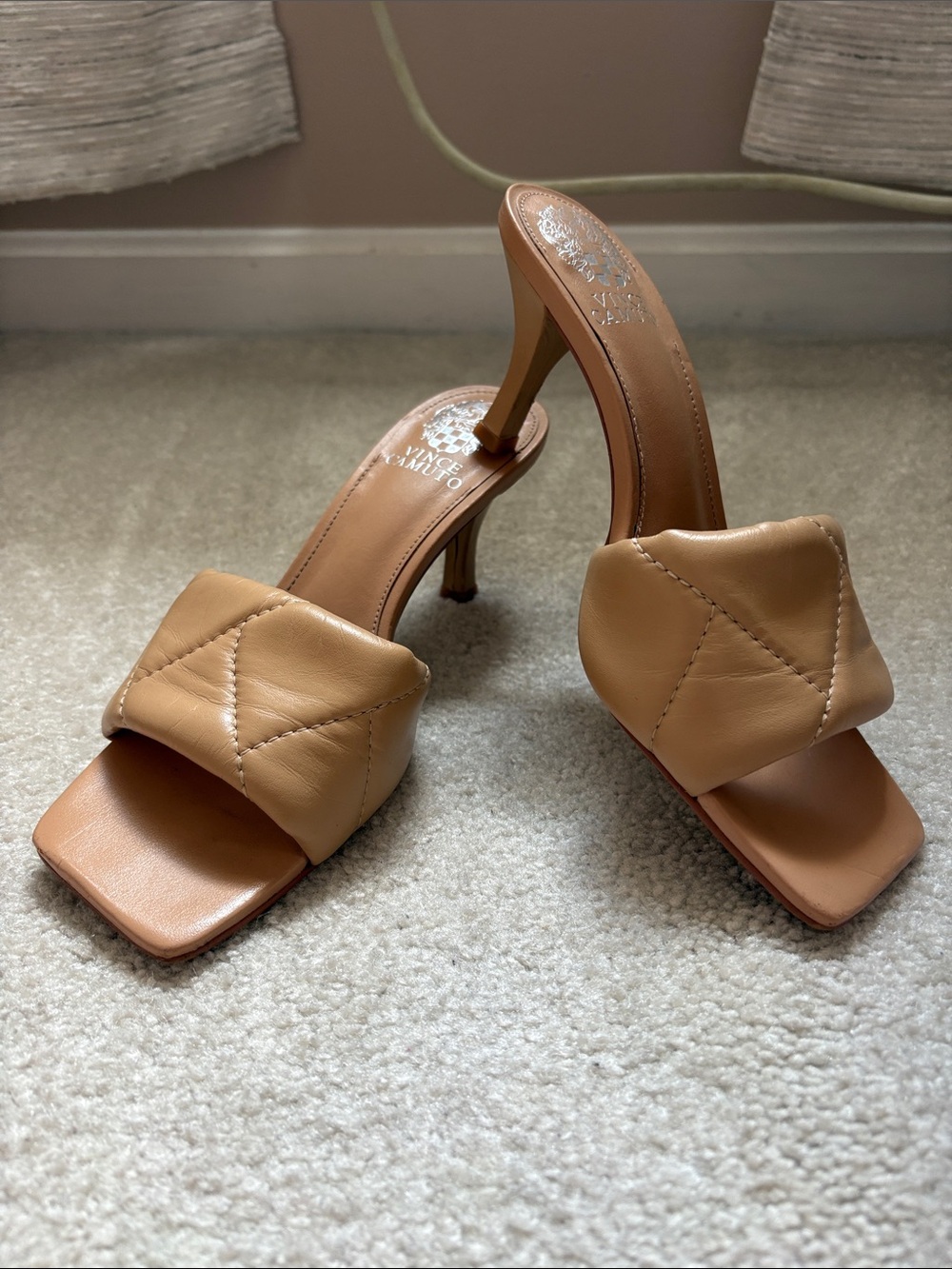 Vince Camuto Quilted Tan Leather High Heel Slide Sandals